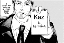 a man in a suit and tie is holding a notepad with the word kaz on it