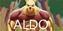 a winnie the pooh with muscles and the word aldo behind him