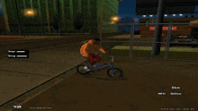 a screenshot of a video game shows a person riding a bike on a sidewalk