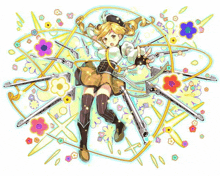 a girl is surrounded by flowers and guns in a cartoon