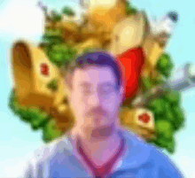 a blurry picture of a man 's face with a cartoon background