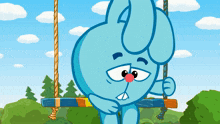 a blue cartoon character sitting on a swing