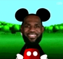 lebron james is wearing mickey mouse ears and holding a mickey mouse head in a cartoon .