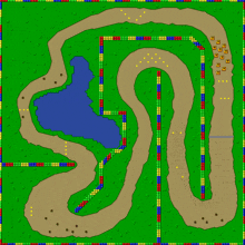 a drawing of a race track with a blue lake