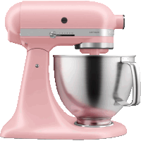 a pink kitchenaid mixer with stainless steel bowl