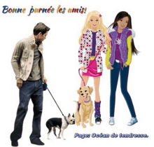 a man walking a dog next to two barbie dolls and a dog