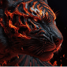 a close up of a tiger 's face with flames coming out of it