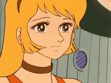 a cartoon drawing of a girl with blonde hair and a brown choker