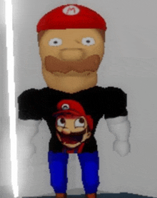 a cartoon character wearing a red hat and a black shirt with a mario face on it .