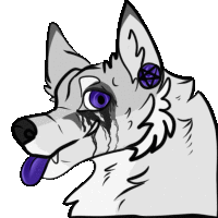 a drawing of a wolf with purple eyes and a pentagram on its ear