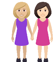 two women in purple and pink dresses hold hands