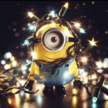 a minion is wrapped in a string of lights