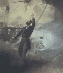 a painting of a man holding a sword standing on a ship