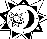 a black and white drawing of a sun and a half moon