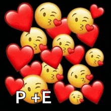 a bunch of smiley faces surrounded by red hearts with the letter p + e in the middle