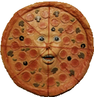 a pizza with a face on it that looks like a smiley face