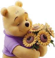 winnie the pooh holding a bouquet of sunflowers