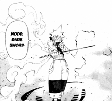 a black and white drawing of a person holding a sword with the words " mode dark sword " above them