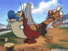 a cartoon of ren and ren fighting each other with a saw