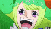 a girl with green hair and purple eyes is smiling and holding a piano