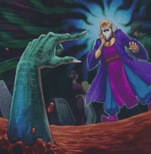 a painting of a man in a purple robe standing in front of a monster hand