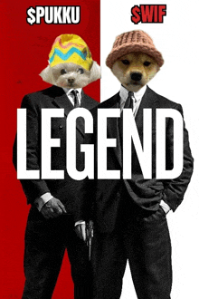 a poster for legend shows two dogs in suits