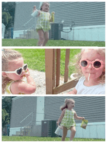 a little girl wearing heart shaped sunglasses is standing in front of a house