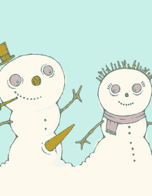 two snowmen are standing next to each other and one has a carrot nose