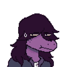 a pixel art drawing of a girl with purple hair and a hoodie .