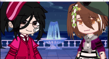 two anime characters are standing next to each other in front of a fountain in a gacha club game