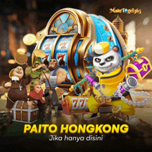 an advertisement for paito hongkong shows a panda holding a sword