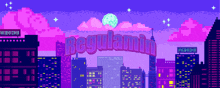 a pixel art illustration of a city skyline with the words regulamin written above it