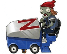 a cartoon zombie is riding a lawn mower with a z on it .