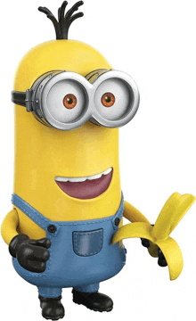 a yellow minion holding a banana and wearing overalls and goggles