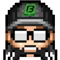 a pixel art of a man wearing glasses and a hat with a letter b on it