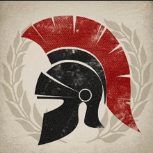 a spartan helmet with a red crest and a laurel wreath around it