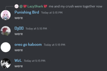 a screenshot of a discord conversation between lazyshark and punishing bird