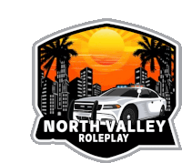 a logo for north valley roleplay with a police car in the foreground