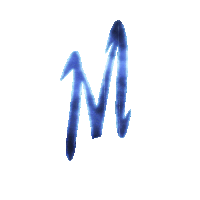 a blue letter m is hanging from a string