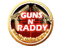 a logo for guns n ' raddy with two guns and bullets in the background