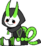 a cartoon drawing of a cat with green horns and a scarf .