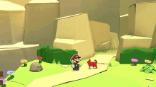 a paper mario standing on a path with a dog