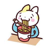 a cartoon cat is eating noodles with chopsticks from a cup