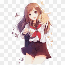 a girl in a school uniform is holding flowers in her hand