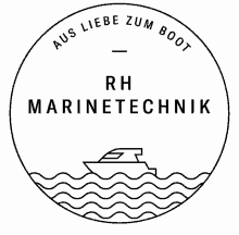 a logo for rh marinetechnik has a boat in the water