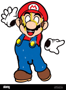 a cartoon drawing of mario with yellow paint on his face and overalls .