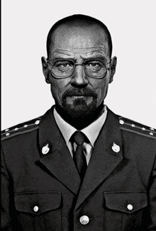 a man with glasses and a beard is wearing a uniform