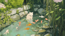 a white cat is swimming in a pond with fish and a frog