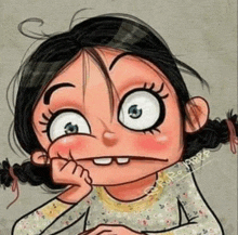 a cartoon girl is making a funny face with her hand on her chin