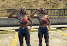 two women standing next to each other in a parking lot making peace signs